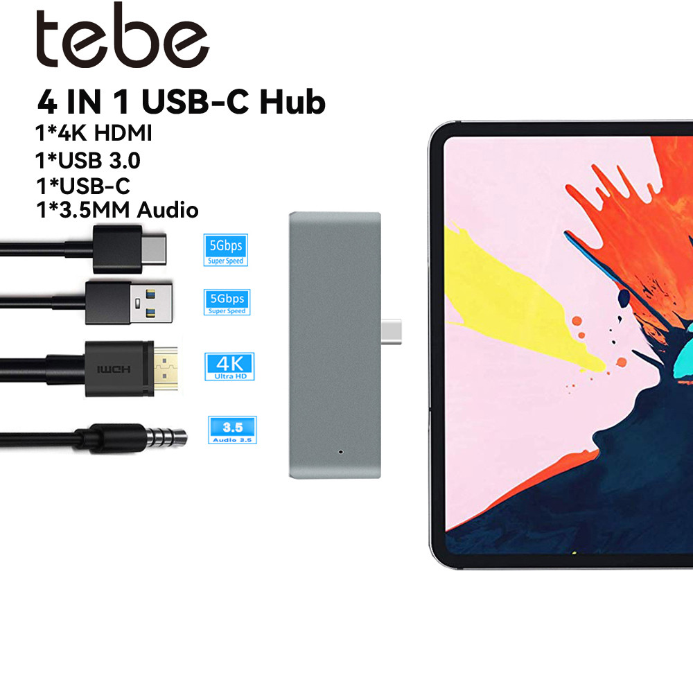 Tebe USB-C Hub 4 IN 1 Type-c to 4K HDMI-compatible 3.5mm Audio Headphones Jack USB 3.0 Splitter Adap