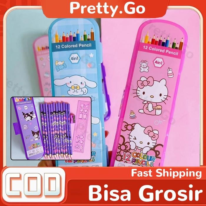 

ORIGINAL 12Pcs Pensil Warna 4 in 1 Motif Sanrio Kuromi/Cinoroll/Melody Alat mewarnai Peralatan Tulis