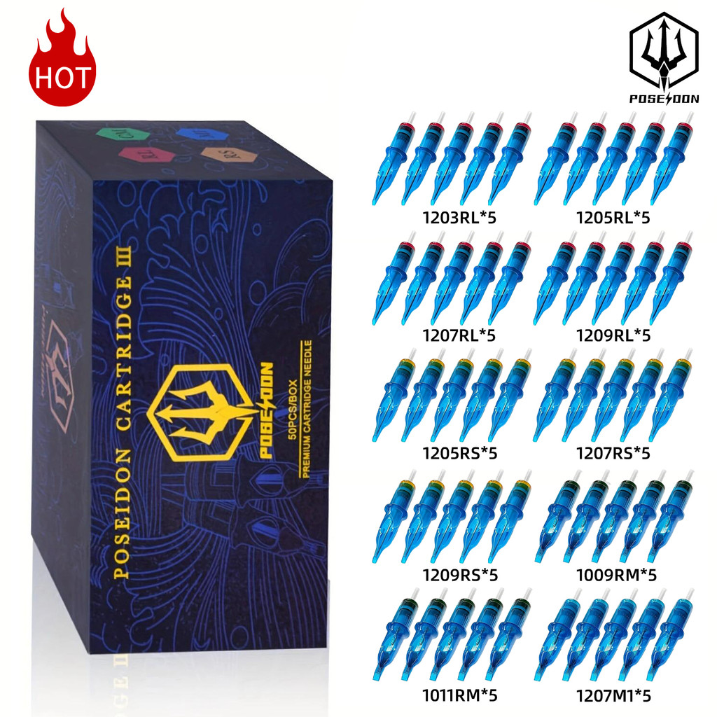 POSEIDON 50PCS Mixed Professional Tattoo Cartridge Needles with Membrane Safety Cartridges Disposabl