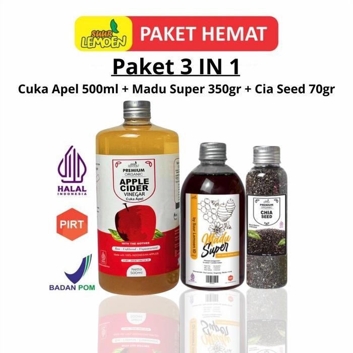 

SUUR LEMOEN Paket 3 in 1 Cuka Apel 500ml Madu Hutan 350gr Chia Seeds 70gr - SUUR LEMOEN DISTRIBUTOR
