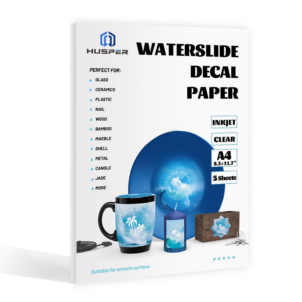 

HUSPER Glossy Waterslide Decal Paper for INKJET Printer - CLEAR, 5 Sheets, A4 (8.311.7 Inch), Clear