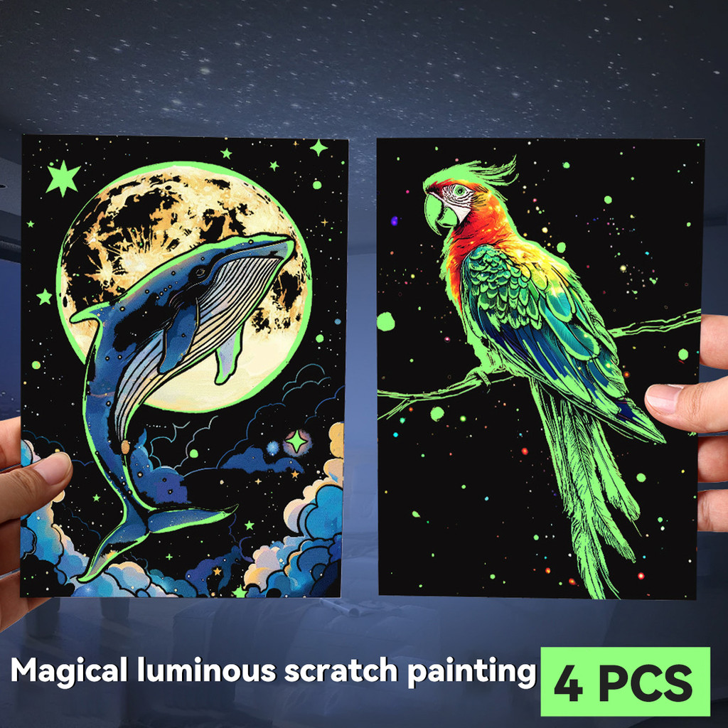 

4 Pcs/Set A5 Noctilucent DIY Colorful Scratch Painting Castle Lanscape Cute Animal Night View Manual