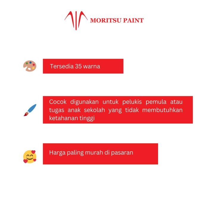

Cat Akrilik Moritsu 250ml Edisi Pelajar (Lebih Ekonomis dan Lebih Banyak Warna) - Moritsu Acrylic