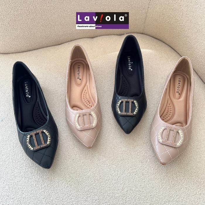 Laviola 4575 LST - Sepatu Pantofel Kerja Wanita Black dan Khaki Hak 2 cm Heels Shoes