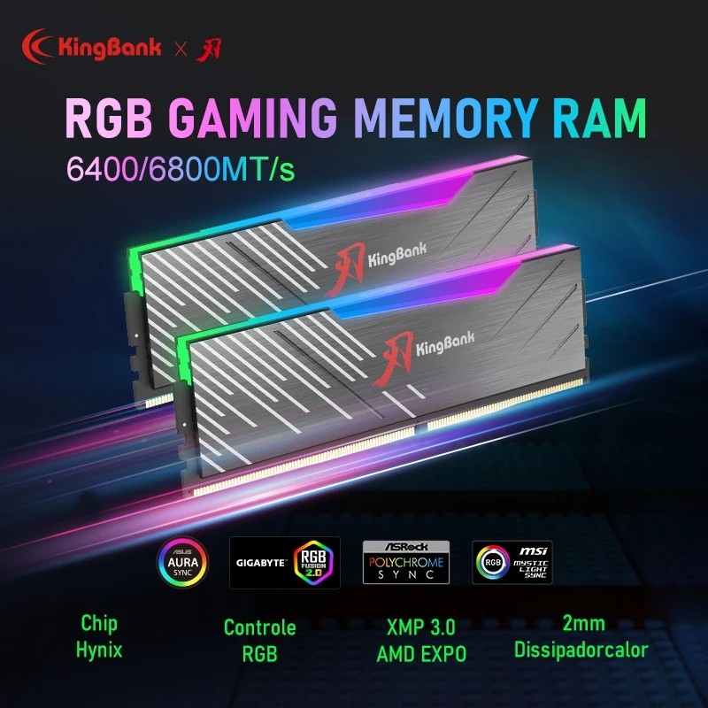 Kingbank DDR5 Memory Ram DDR5 6400MHz 6800MHz 32GB (16GB X2) 64GB ( 32GB X2) Memoria Ram DDR5 RGB XM