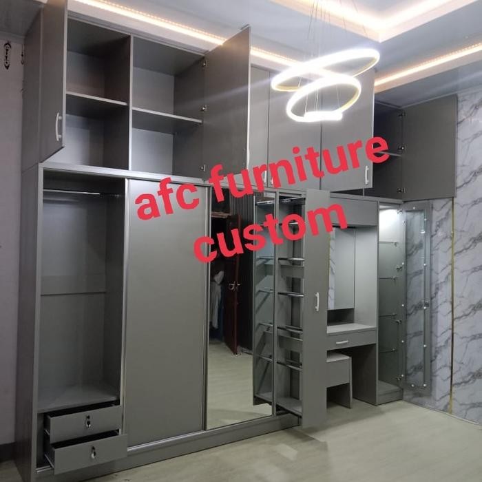 Custom Lemari Sleding 3 Pintu Jumbo+Lemari Hijab+Meja Rias+Lemari Kaca