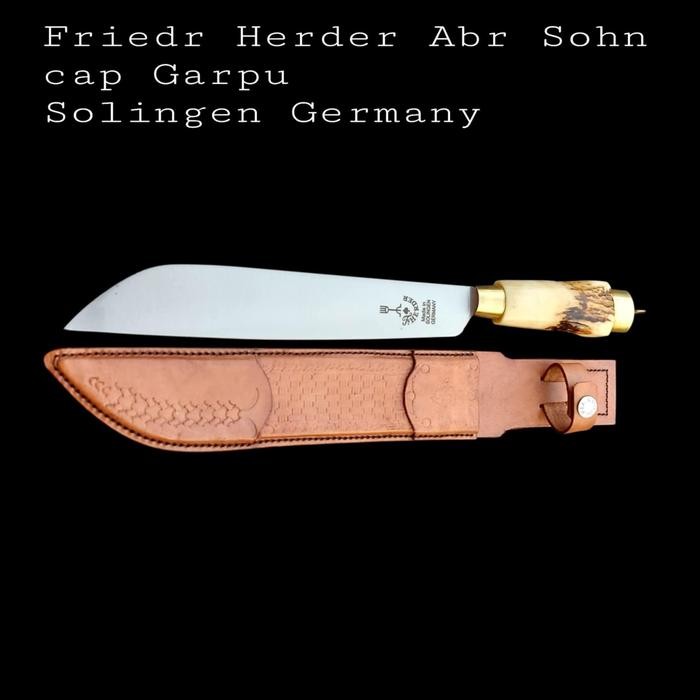 Herder Pisau cap Garpu asli 10" Handle Tanduk Rusa & Sarung Kulit
