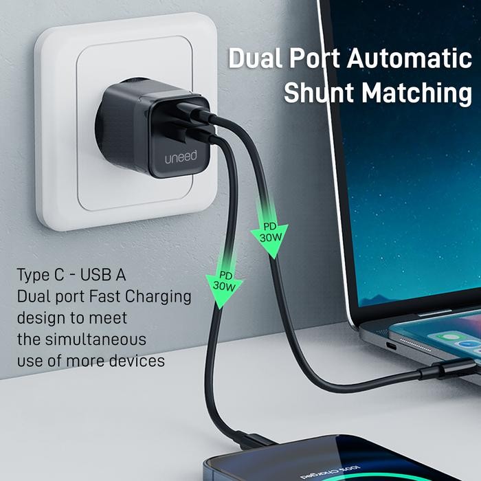 (Allthebest) UNEED Mini Wall Fast Charger Dual Port 30W VOOC PD 3.0 QC PPS - UCH426