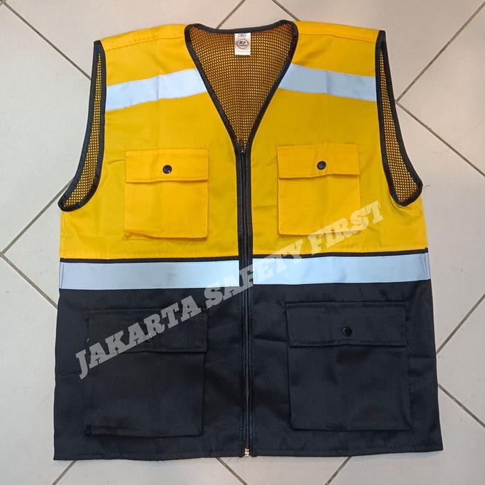 Rompi Safety Kombinasi Kuning Hitam / Rompi Drill Kuning 4 Kantong