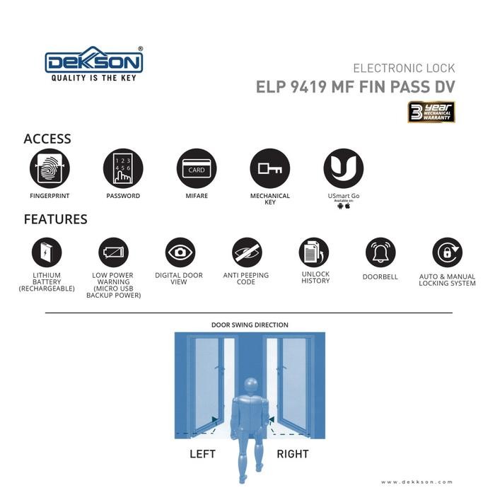 DEKKSON ELECTRONIC LOCK ELP 9419 MF FIN PASS DV HITAM