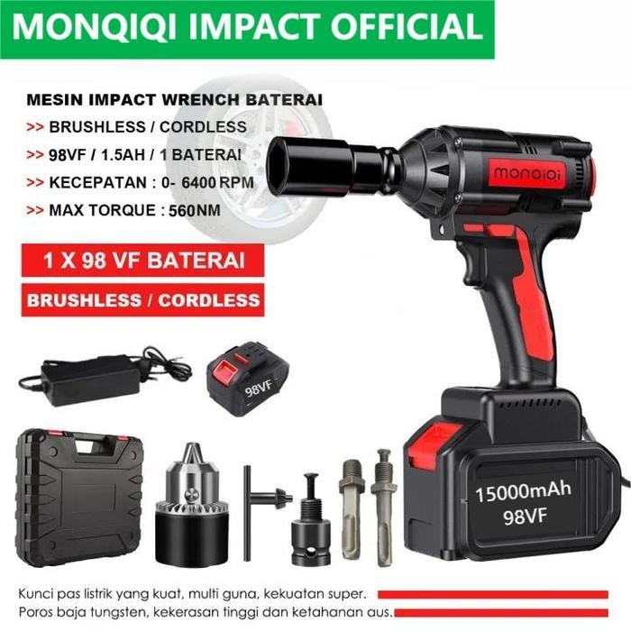 Monqiqi 15000Mah 98V Impact Wrench Brushless Baterai Bor Air Impact Wrench Kit Bor Baterai Kayu