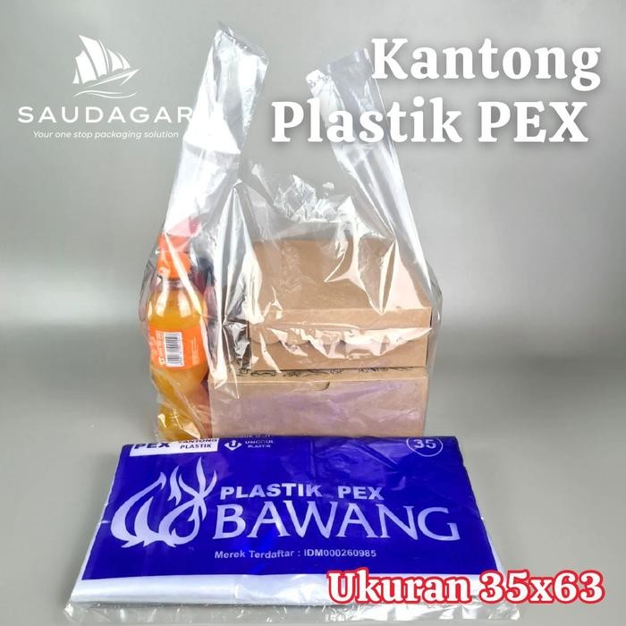 

Kantong plastik PE PEX bening ukuran 35x63 Merk bawang