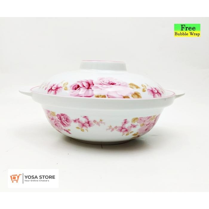 Mangkok Keramik Saji/ sayur plus Tutup Motif Pink Rossie 1 Set