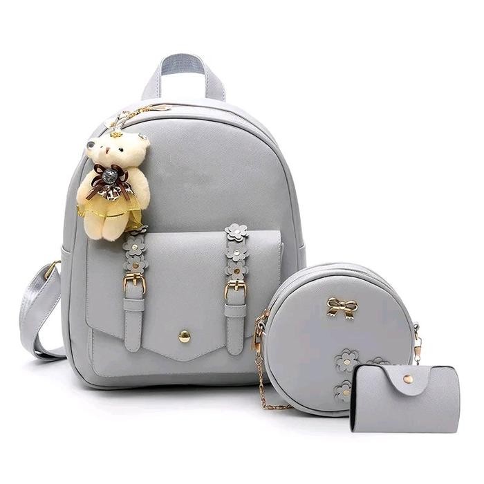 NEW BACKPACK SET 3 IN 1 BACKPACK BANDUNG MURAH ( LOUIS BUNGA) Tas Fashion Kulit Pink Ransel Wanita