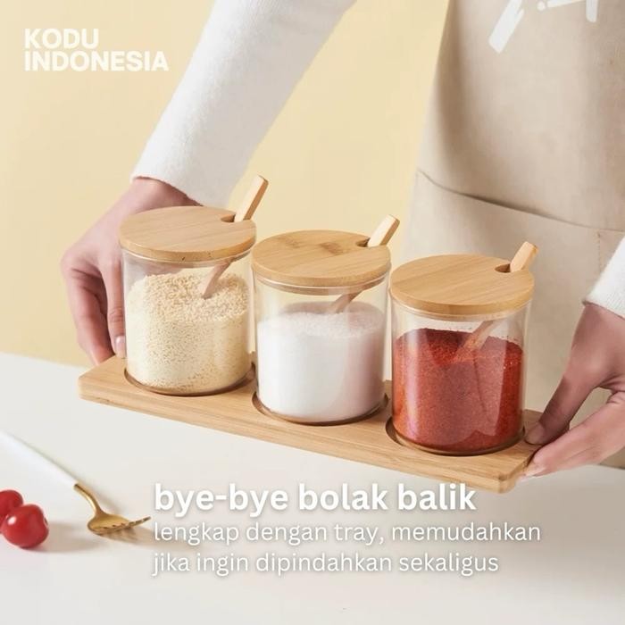 KODU Set Tempat Bumbu Dapur Wadah Bumbu Kaca Tutup Kayu Bamboo Minimalis Toples Hampers Kitchenware