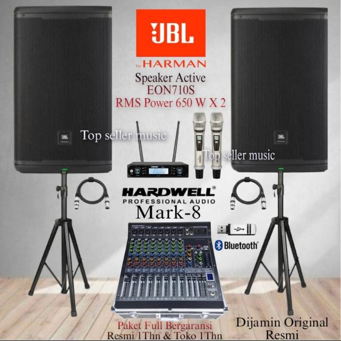 Paket Sound System Aktif Speaker Jbl Eon710S 10 Inch Mixer M8 256Dsp Mic 2 Wireless Komplit Garansi