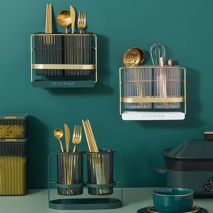 Rak Tempat Sendok Garpu Stainless Gold/ Rak Gantung Setbaguna Tempel Dinding Peralatan Dapur