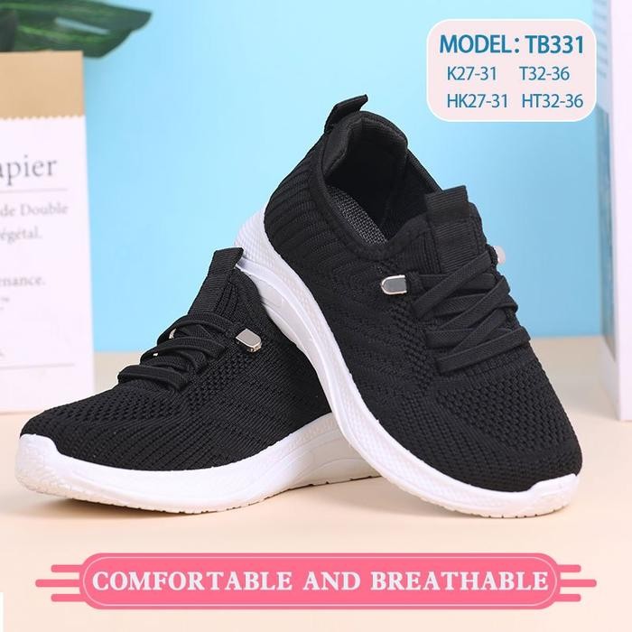 COLLIN Sepatu Sekolah Anak Laki-laki Perempuan Hitam Slip On Rajut Sneakers Tali Mati Alas Hitam