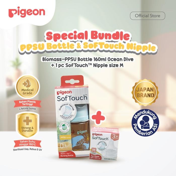 Paket Hemat Pigeon Botol Biomass Ppsu 160Ml + Dot Softouch Size M Original