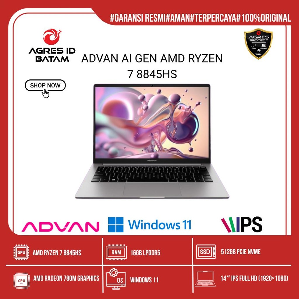 ADVAN AI GEN AMD RYZEN 7 8845HS 16GB 512GB 14'' IPS W11