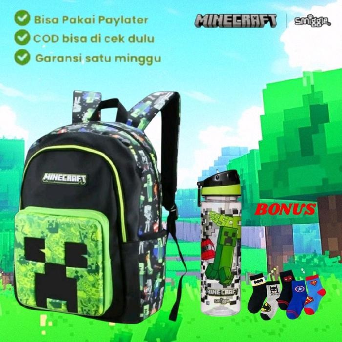 (BONUS +KAOS KAKI+BOTOL) MINECRAFT/TK- SD Backpack/warna hijau/Anak-anak cybercore bag cowo muat