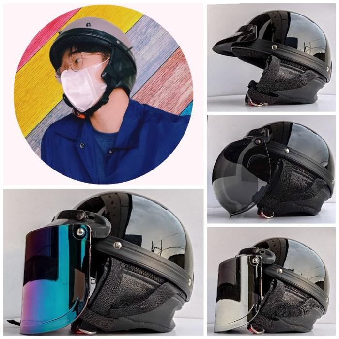 [Expert] Helm Chips Cetok Retro polos Hitam glossy kaca datar Flat visor-helm