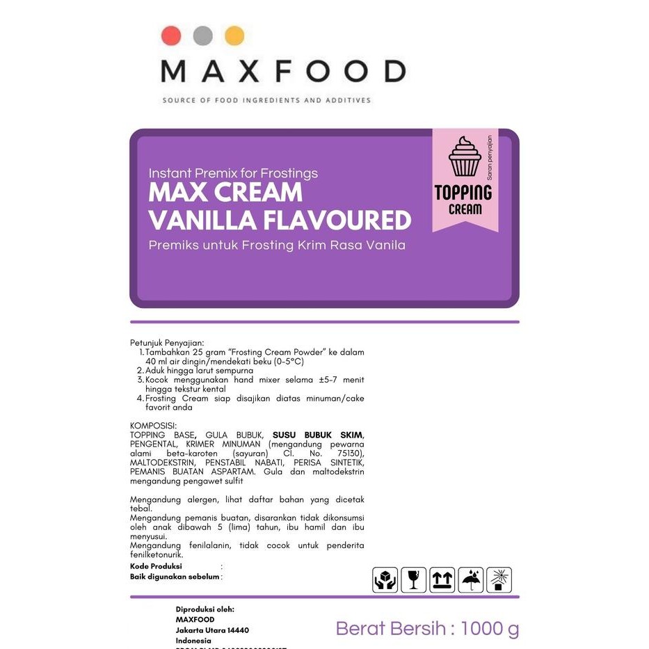 

Ready Whipping Cream Vanilla Powder / Bubuk Whip Cream Rasa Vanilla Baking 1 Kg