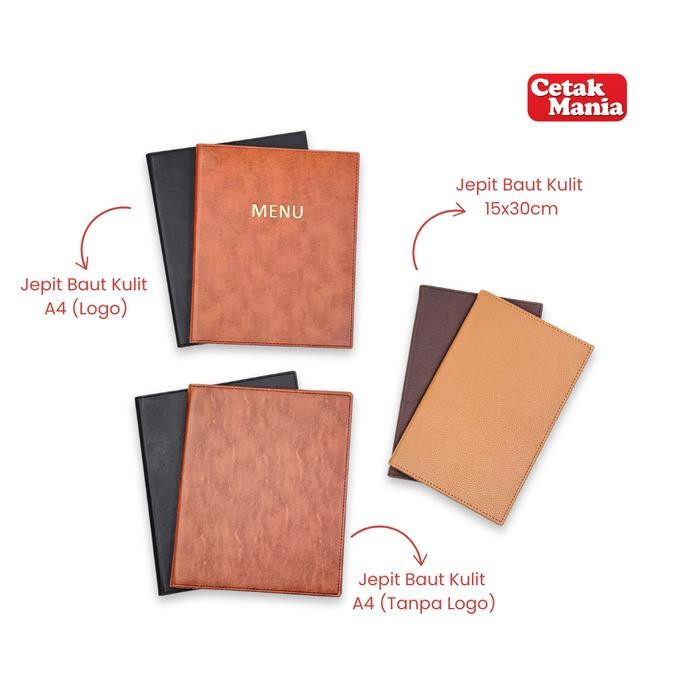 

Cetak Mania - Buku Menu Kulit Polos dan Logo Jepit Baut Isi Plastik Mika A4 & 15x30 Coklat muda,