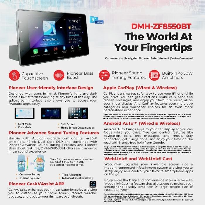 PIONEER DMH-ZF8550BT SINGLE DIN 9 INCH WIERLESS ANDROID & APPLE CARPLAY UNIVERSAL DENGAN LAYAR BESAR