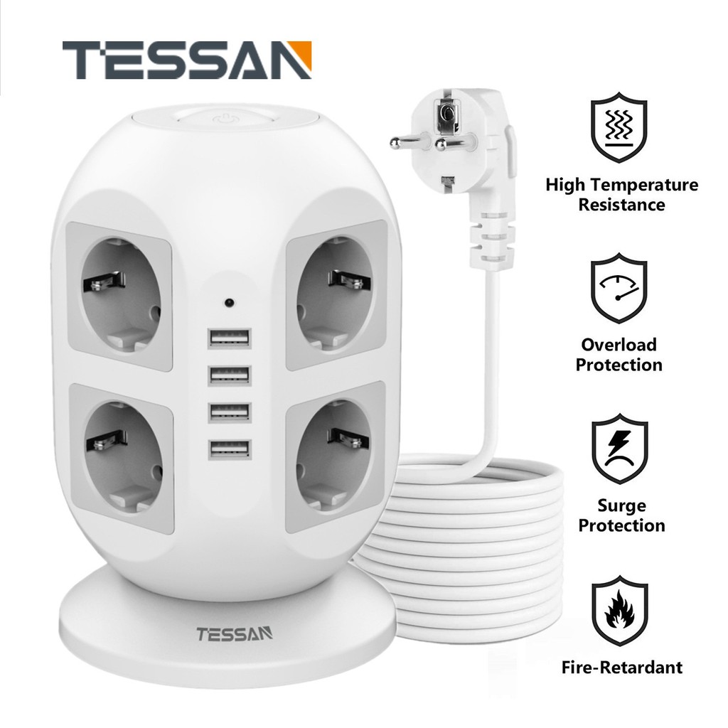 TESSAN Tower Multi Power Strip Vertical EU Plug 8 Sockets with 4 USB