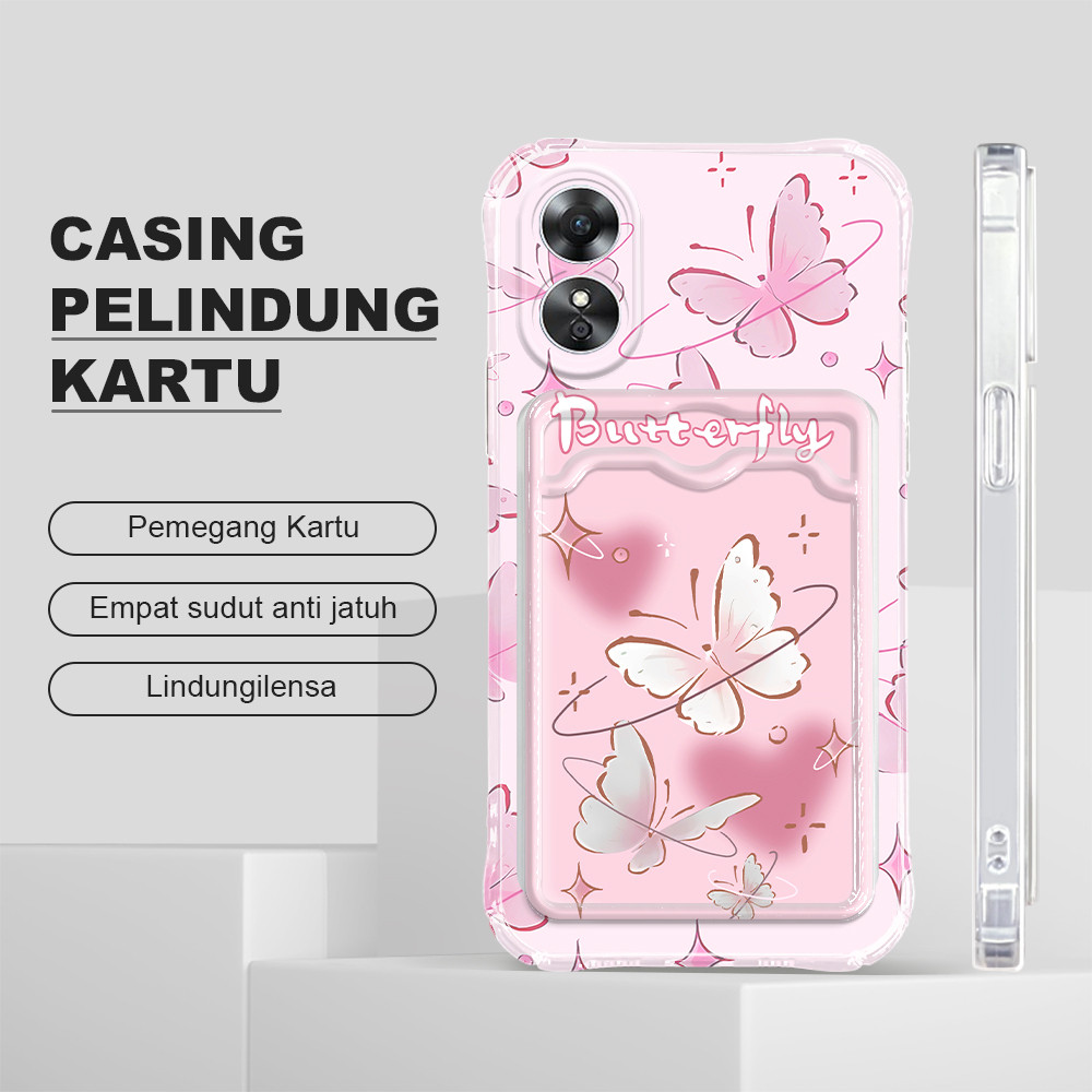 Hontinga Casing Hp Untuk  OPPO A17 A17K Tempat Kartu Cassing Card Holder Softcase Butterfly 1012 KB 