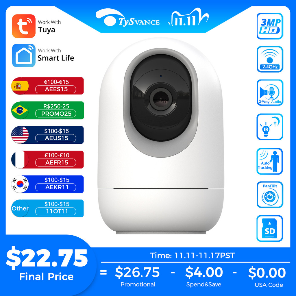 PTZ 3MP IP Camera Tuya Smart Home Indoor WiFi Wireless Surveillance