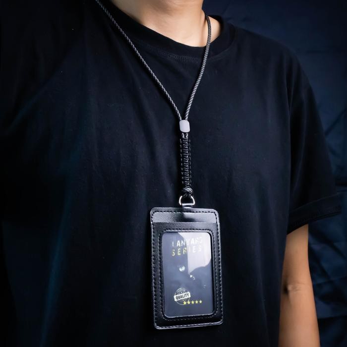 

ASLI Lanyard e Tag Id Card Tali Paracord Warna Hitam Kulit 2 Sisi Minimalis Uniseks Premium READY