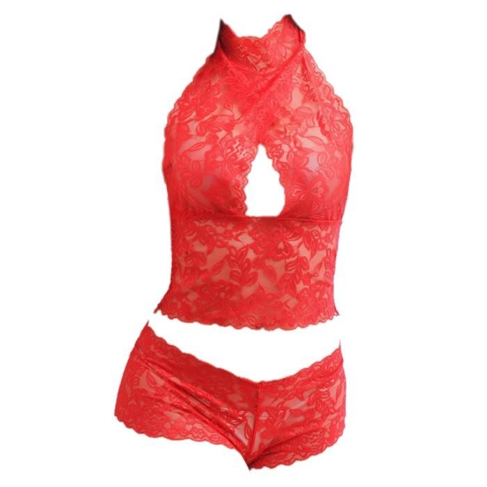 NEW B283 Set Pakaian Dalam Wanita BH Bra Bralette Cami Halter CD Panties Merah Lace Transparan