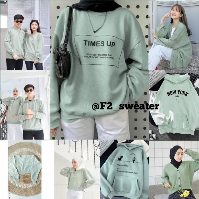 Sweater Hoodie Series Hijau Mint Soft Sweater Crewneck Pria Wanita *
