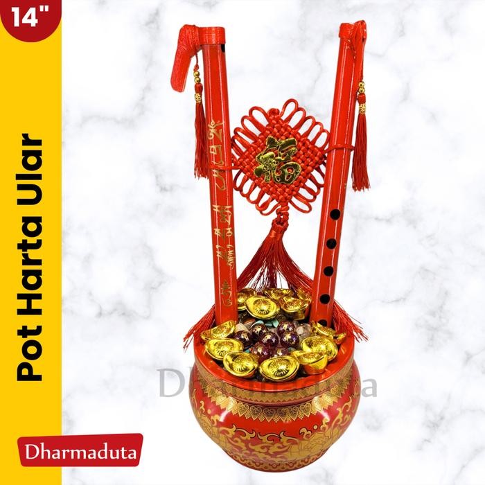 Ready Stok Pot Harta Ular Logam Mas Ritual Undang Dewa Rejeki Cai Shen Rupang Patung 14in