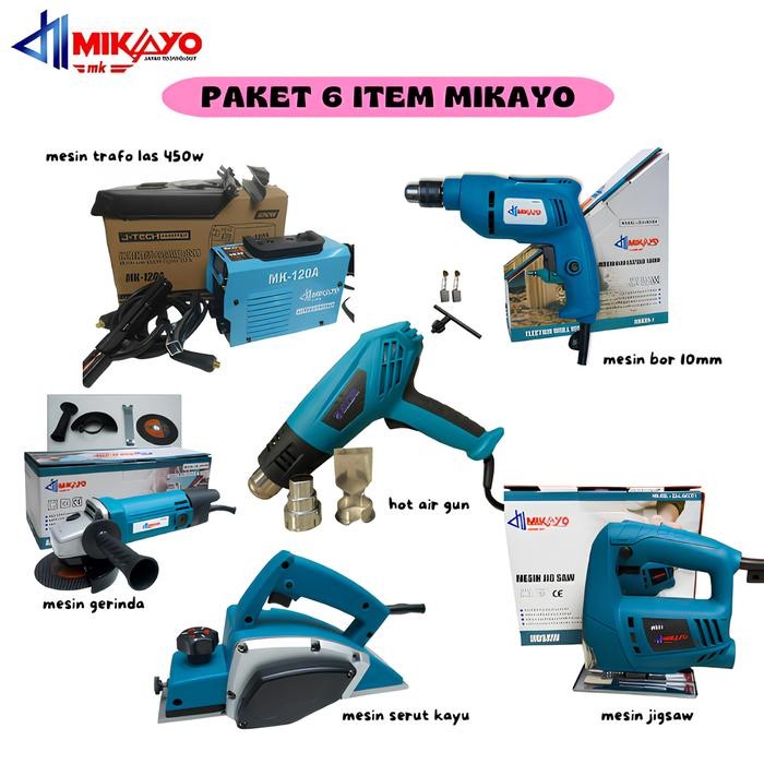 Paket 6 Item: Gerinda 4 Inci, Mesin Jigsaw, Planer/Serut, Bor 10mm, Mesin Las digital LED, dan Mesin
