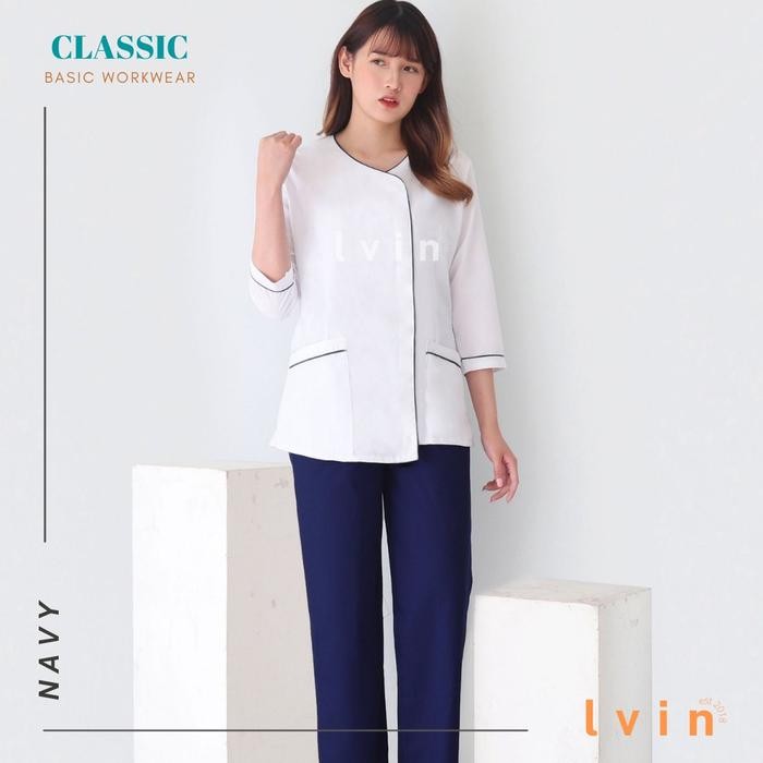 Baju Seragam Suster Lvin New Classic Putih / Seragam Suster Lengan Pendek / Seragam Klinik Oka /