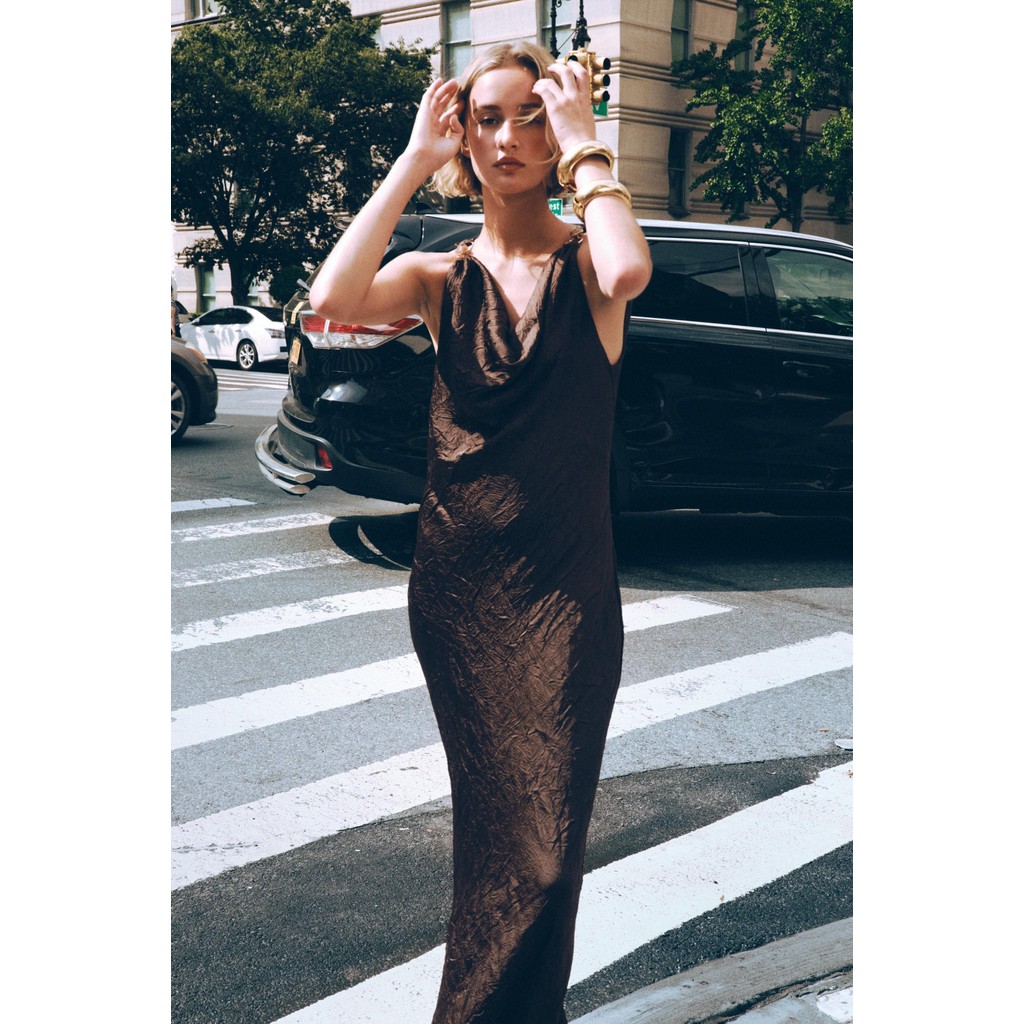 ZARA GAUN MIDI LAPISAN SATIN EFEK KERUT