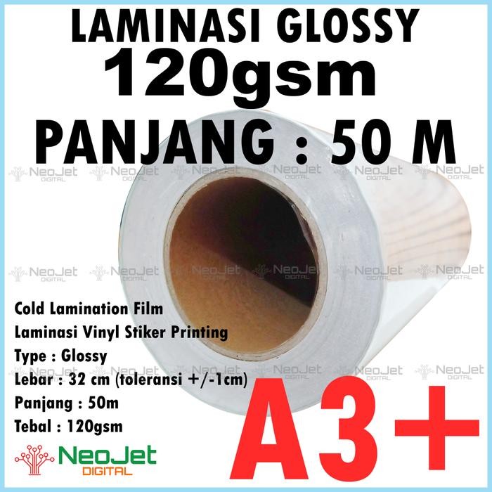 

Laminasi Glossy Dingin Cold Lamination Film Vinyl Stiker A3+ lebar +/- 32 cm tebal 120 gsm pelapis