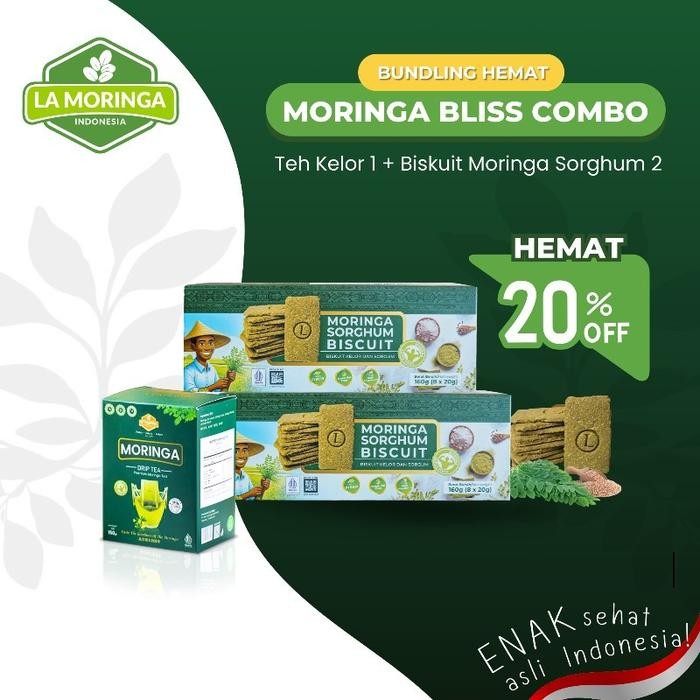 

La Moringa Paket Budling Moringa Bliss Combo : 1 Teh kelor (Moringa Drip Tea) + 2 Morghum Biskuit