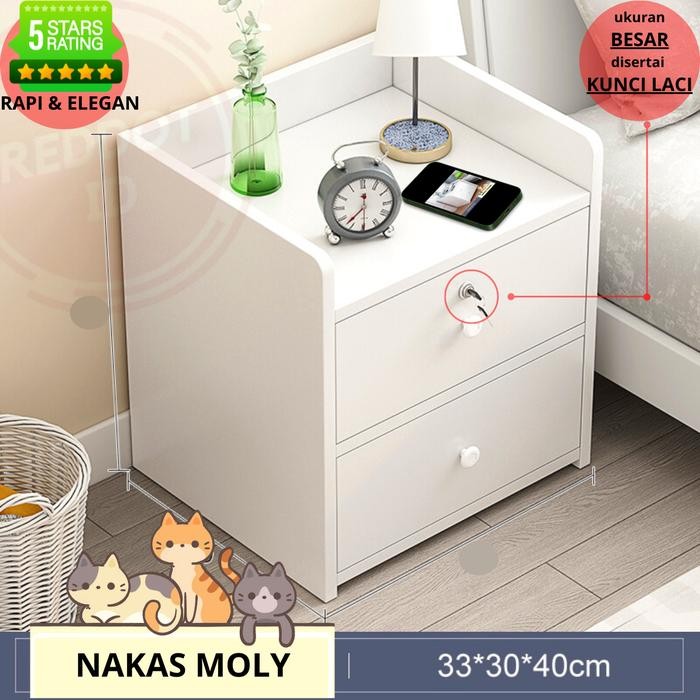 Meja Nakas Minimalis Putih Aesthetic MOLY Kunci Laci Ukuran Besar *