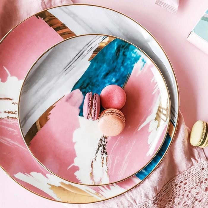 Piring Makan Keramik Motif Watercolor Yellow Pink / Piring Keramik