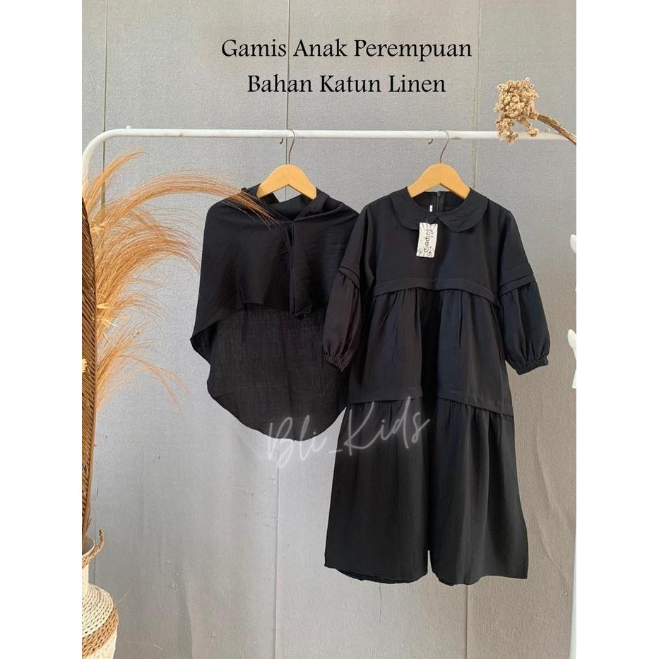 HWIH Gamis Anak Perempuan Muslim Hitam Putih Free Kerudung Bahan Katun Linen Usia 3-12