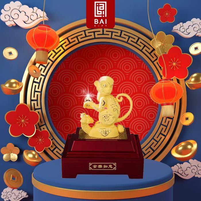 Patung Shio Monyet Lapis Emas 24K Pajangan Shio Monyet Miniatur Monyet Emas Hadiah Best Quality Asli