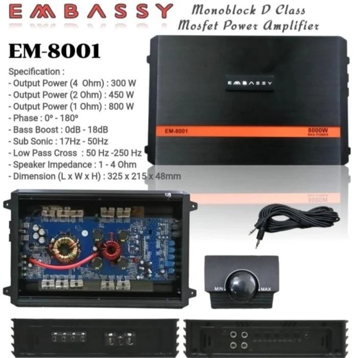 EMBASSY EM-800.1 AMPLIFIER POWER D CLASS AUDIO MOBIL MONOBLOK SUBWOOFER