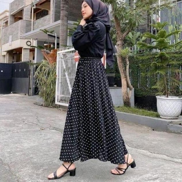 ORIGINAL ROK POLKADOT /Rok korea ukuran big size/Rok bahan monalisa karet motif Panjang Melar READY
