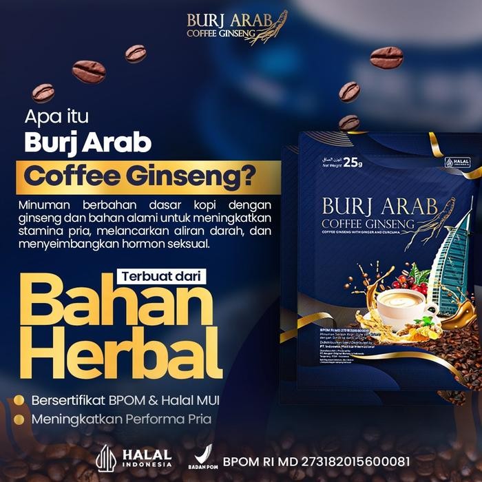 

Burj Arab Kopi Ginseng - Kopi Stamina Pria Tahan Lama 1 Box isi 10 Sachets - Sudah BPOM