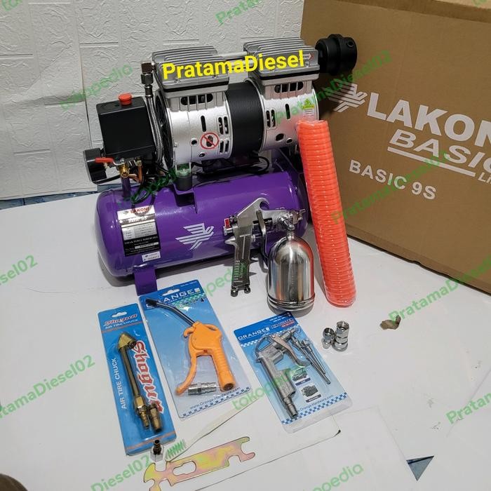 Paket Kompresor Lakoni Listrik Oiless Basic 9+Spraygun F75+Slang 6Mtr