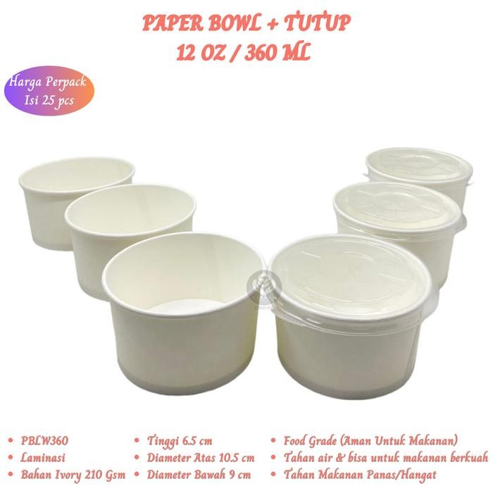 JT Paper Bowl 360 Ml Plus Tutup Mangkok Kertas (Isi 25 Pcs-PBLW360)